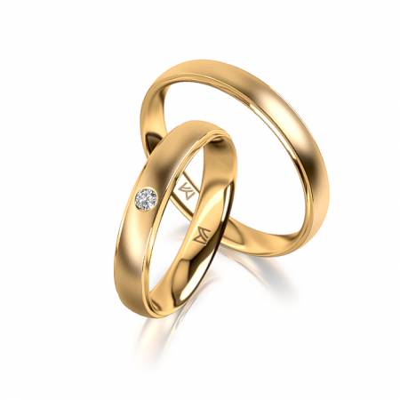 Eheringe in Gelbgold, matt und poliert, Damenring mit Diamant, gewölbtes Profil