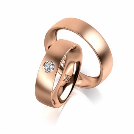 Eheringe in Rotgold, längsmatt, flaches Profil, Damenring mit Diamant